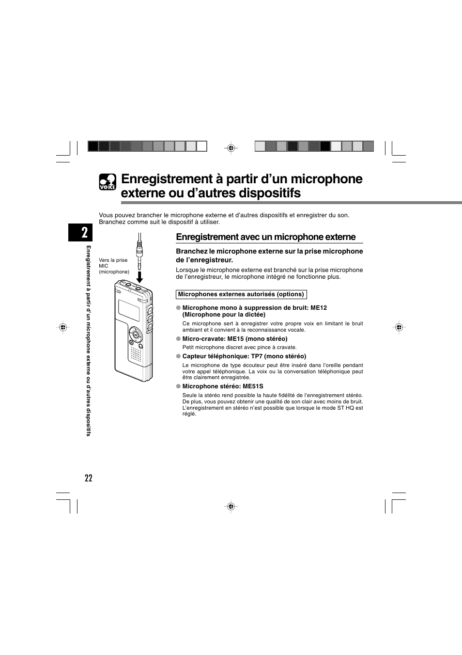 Enregistrement avec un microphone externe | Olympus WS-300M User Manual | Page 110 / 264