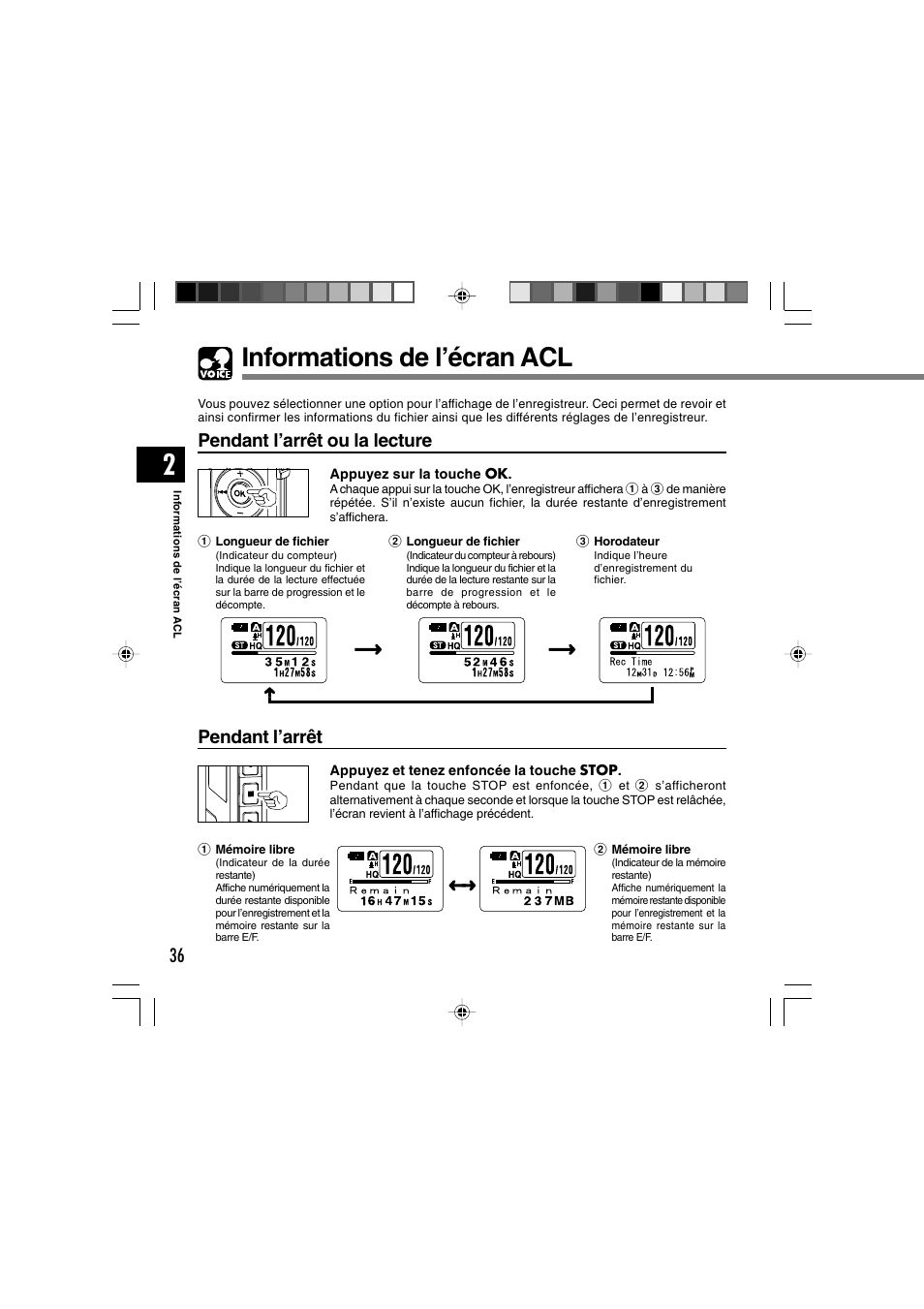 Informations de l’écran acl, Pendant l’arrêt ou la lecture, Pendant l’arrêt | Olympus WS-300M User Manual | Page 124 / 264