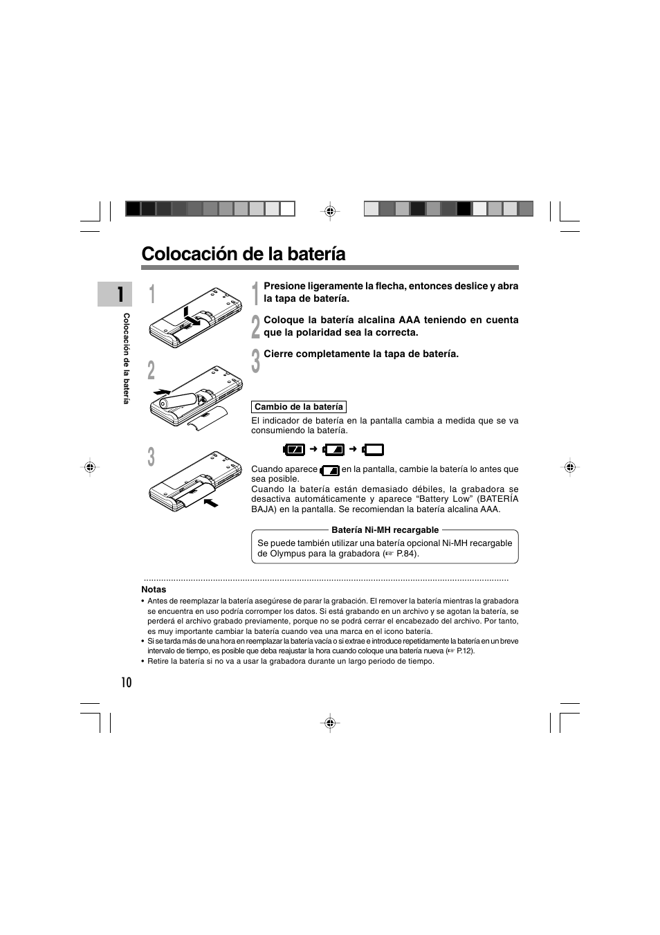 Colocación de la batería | Olympus WS-300M User Manual | Page 186 / 264