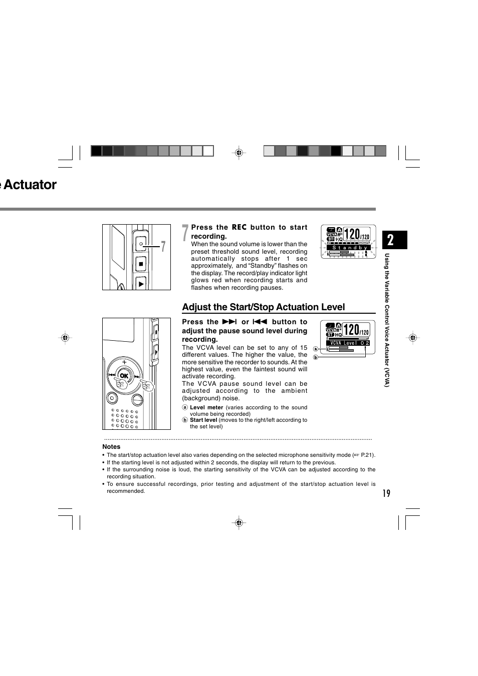 E actuator, Adjust the start/stop actuation level | Olympus WS-300M User Manual | Page 19 / 264