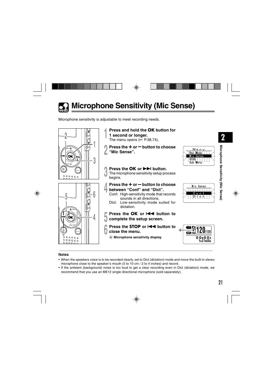 Microphone sensitivity (mic sense) | Olympus WS-300M User Manual | Page 21 / 264