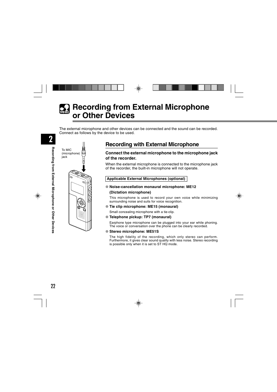 Recording from external microphoneor other devices, Recording with external microphone | Olympus WS-300M User Manual | Page 22 / 264
