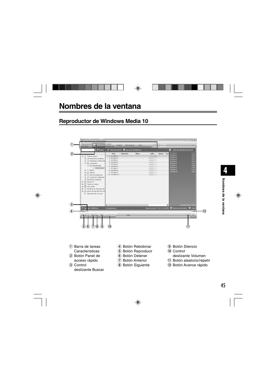 Nombres de la ventana, Reproductor de windows media 10 | Olympus WS-300M User Manual | Page 221 / 264