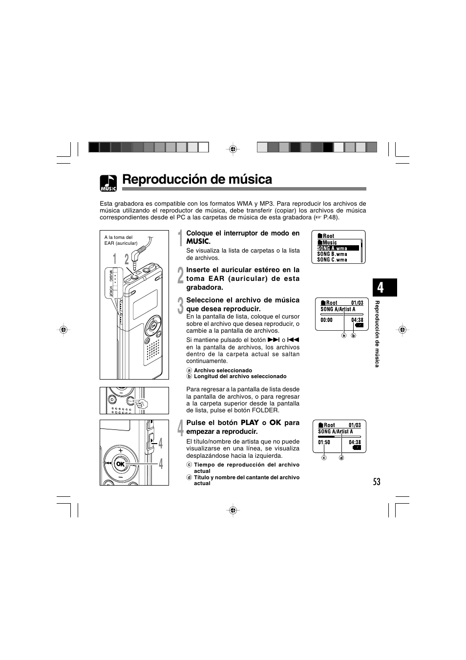 Reproducción de música | Olympus WS-300M User Manual | Page 229 / 264