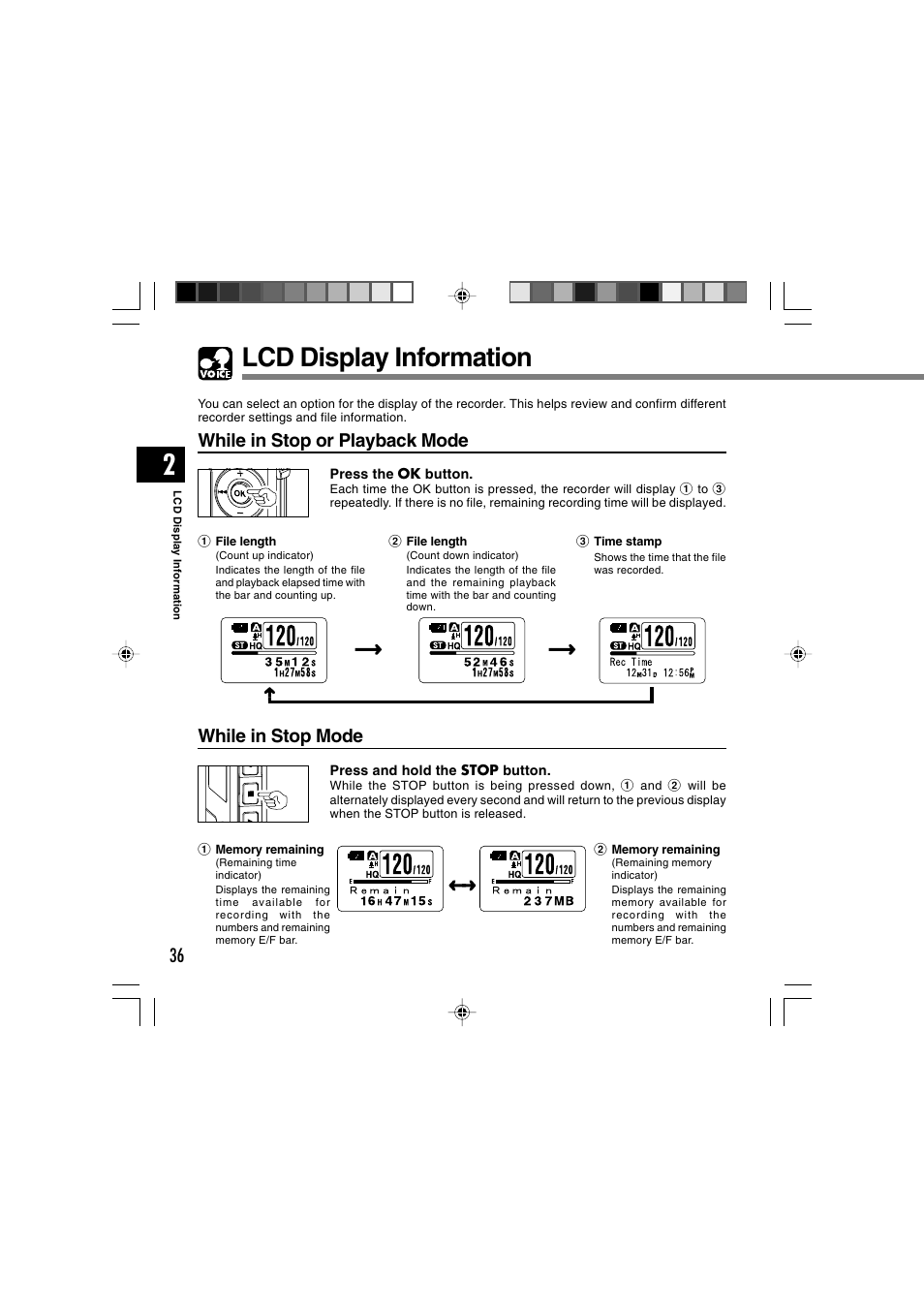 Lcd display information, While in stop or playback mode, While in stop mode | Olympus WS-300M User Manual | Page 36 / 264