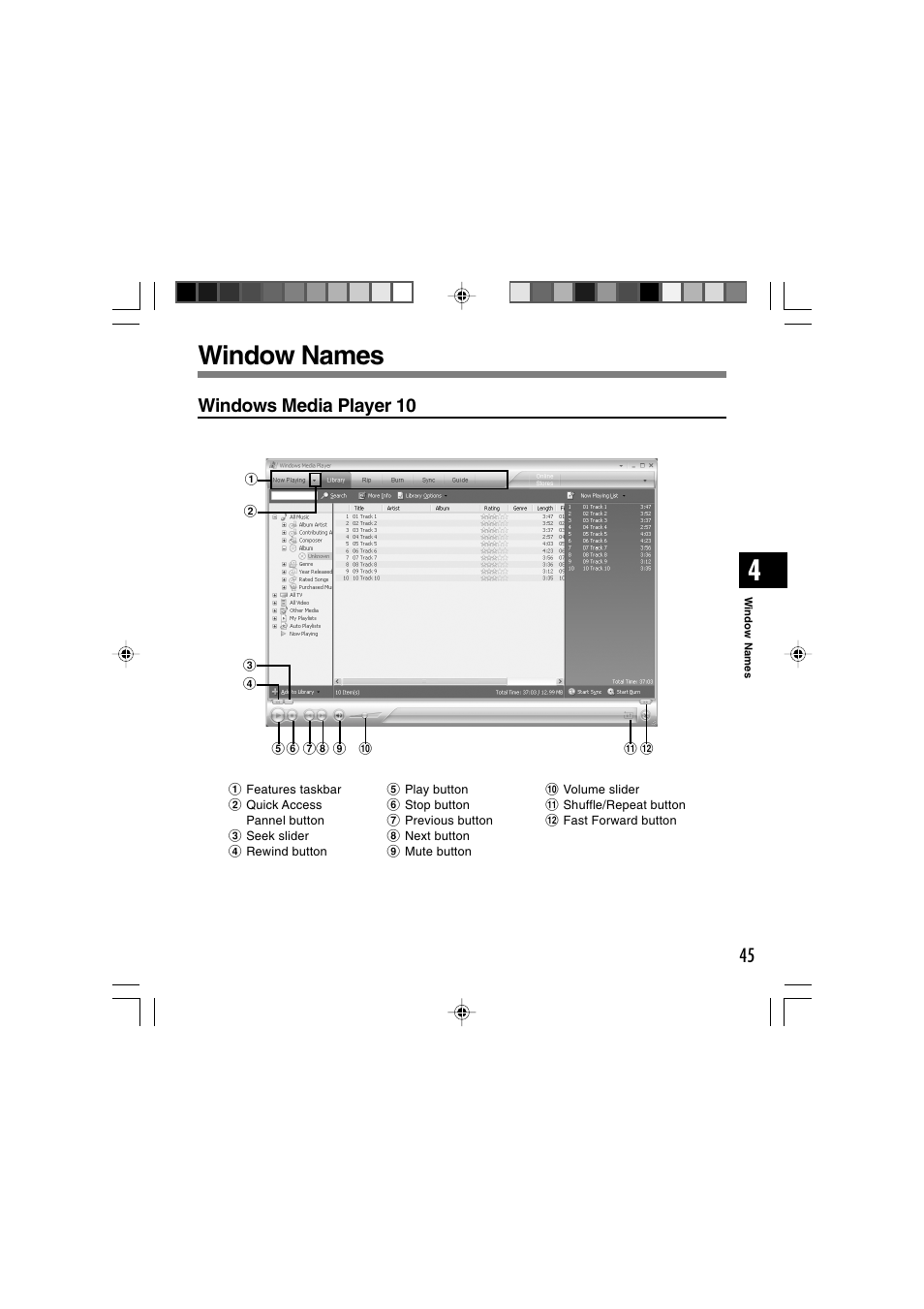 Window names, Windows media player 10 | Olympus WS-300M User Manual | Page 45 / 264