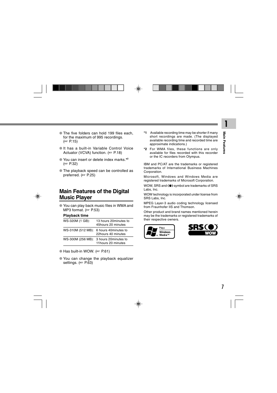 Main features of the digital music player | Olympus WS-300M User Manual | Page 7 / 264