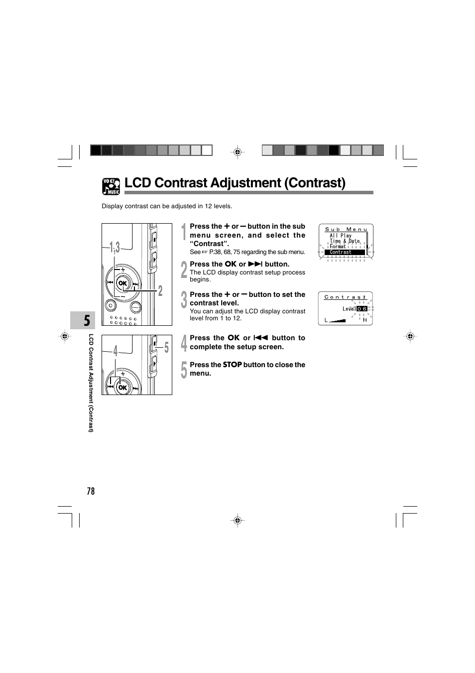 Lcd contrast adjustment (contrast) | Olympus WS-300M User Manual | Page 78 / 264