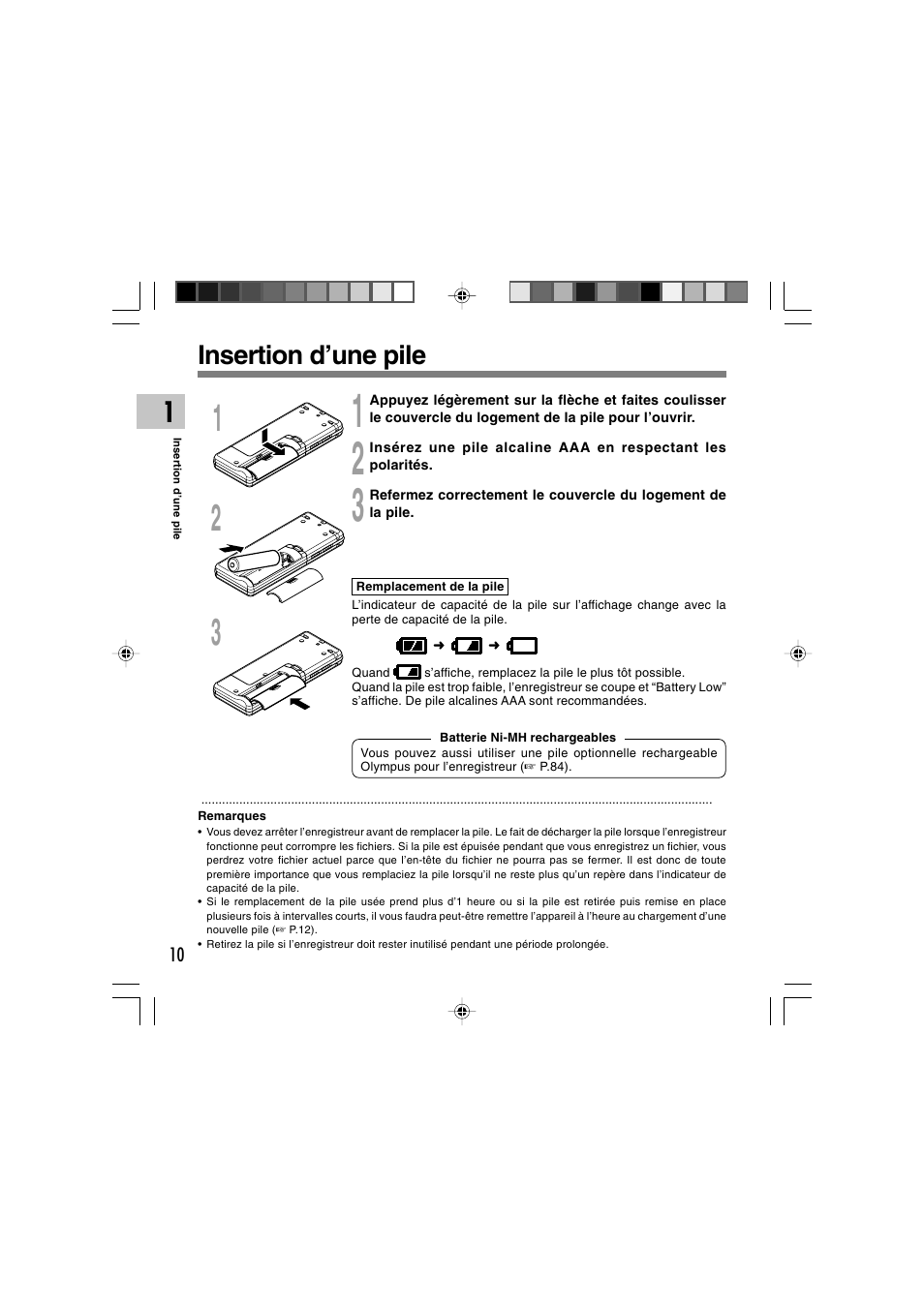 Insertion d’une pile | Olympus WS-300M User Manual | Page 98 / 264