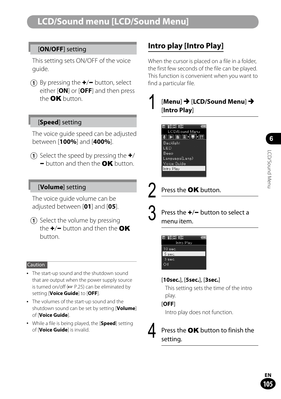 Lcd/sound menu [lcd/sound menu | Olympus LS-100 User Manual | Page 105 / 135
