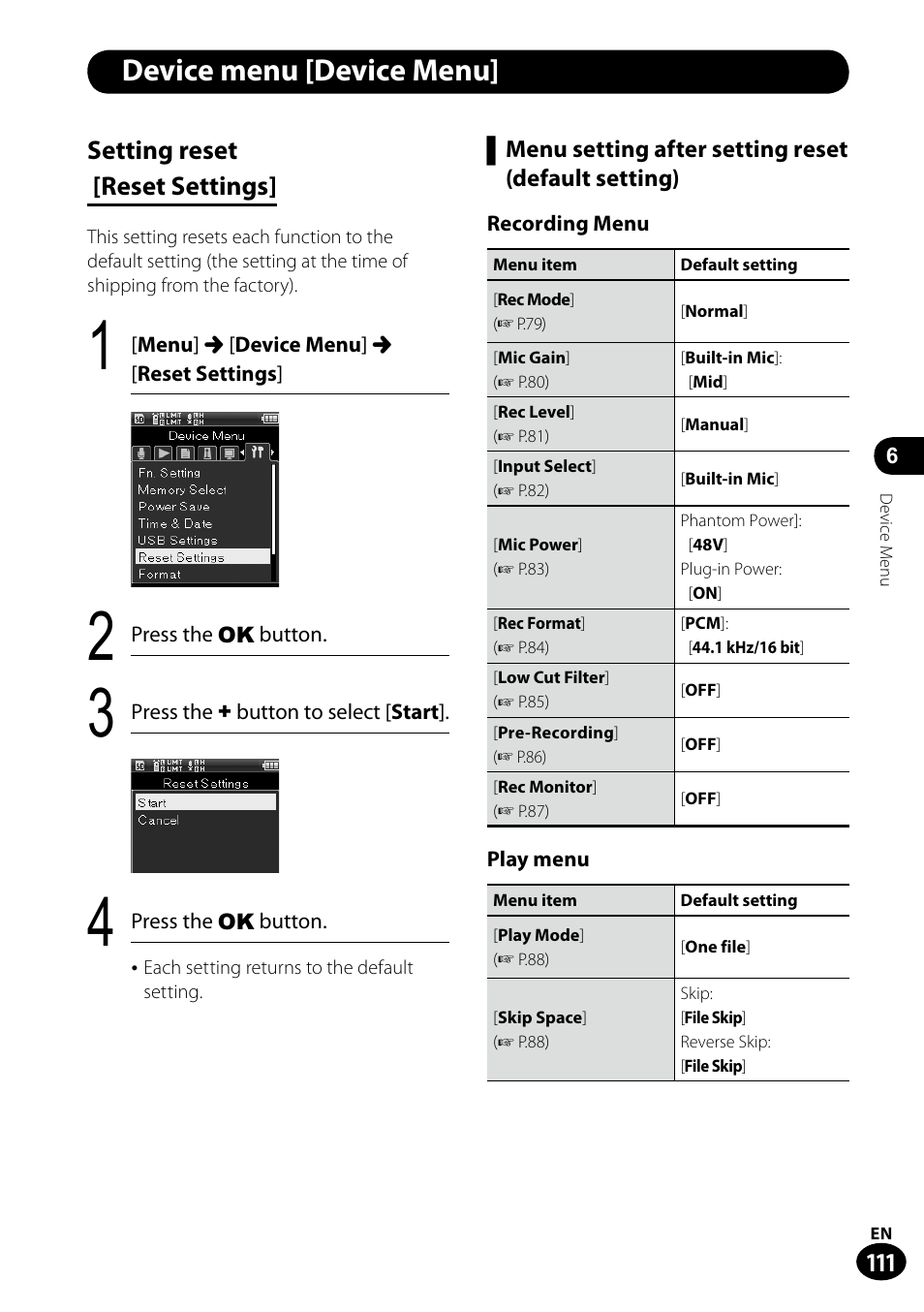 Device menu [device menu, Setting reset [reset settings | Olympus LS-100 User Manual | Page 111 / 135