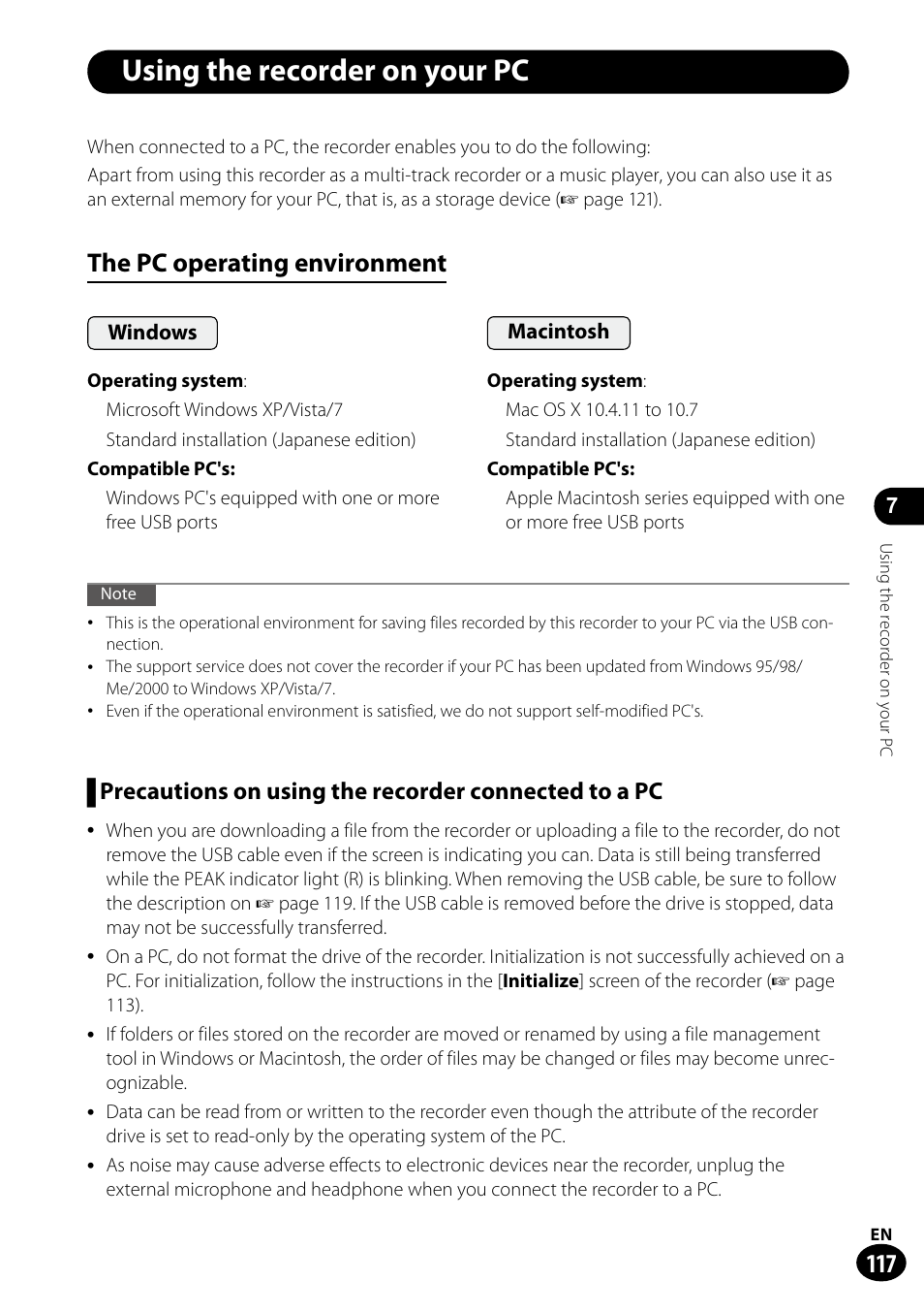 Using the recorder on your pc, The pc operating environment | Olympus LS-100 User Manual | Page 117 / 135