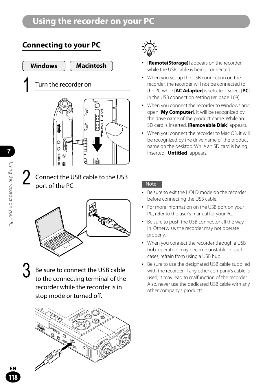 Using the recorder on your pc, Connecting to your pc | Olympus LS-100 User Manual | Page 118 / 135