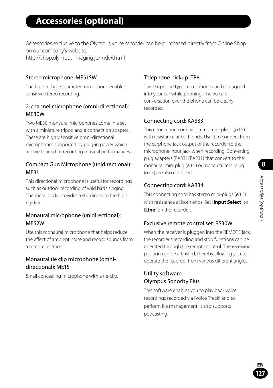 Accessories (optional) | Olympus LS-100 User Manual | Page 127 / 135