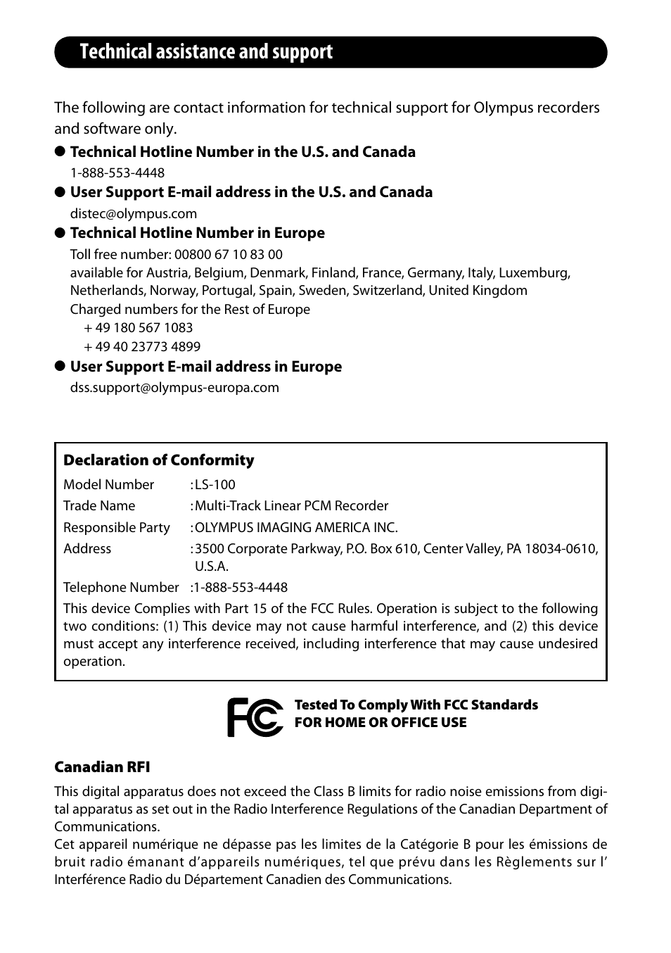 Technical assistance and support | Olympus LS-100 User Manual | Page 134 / 135