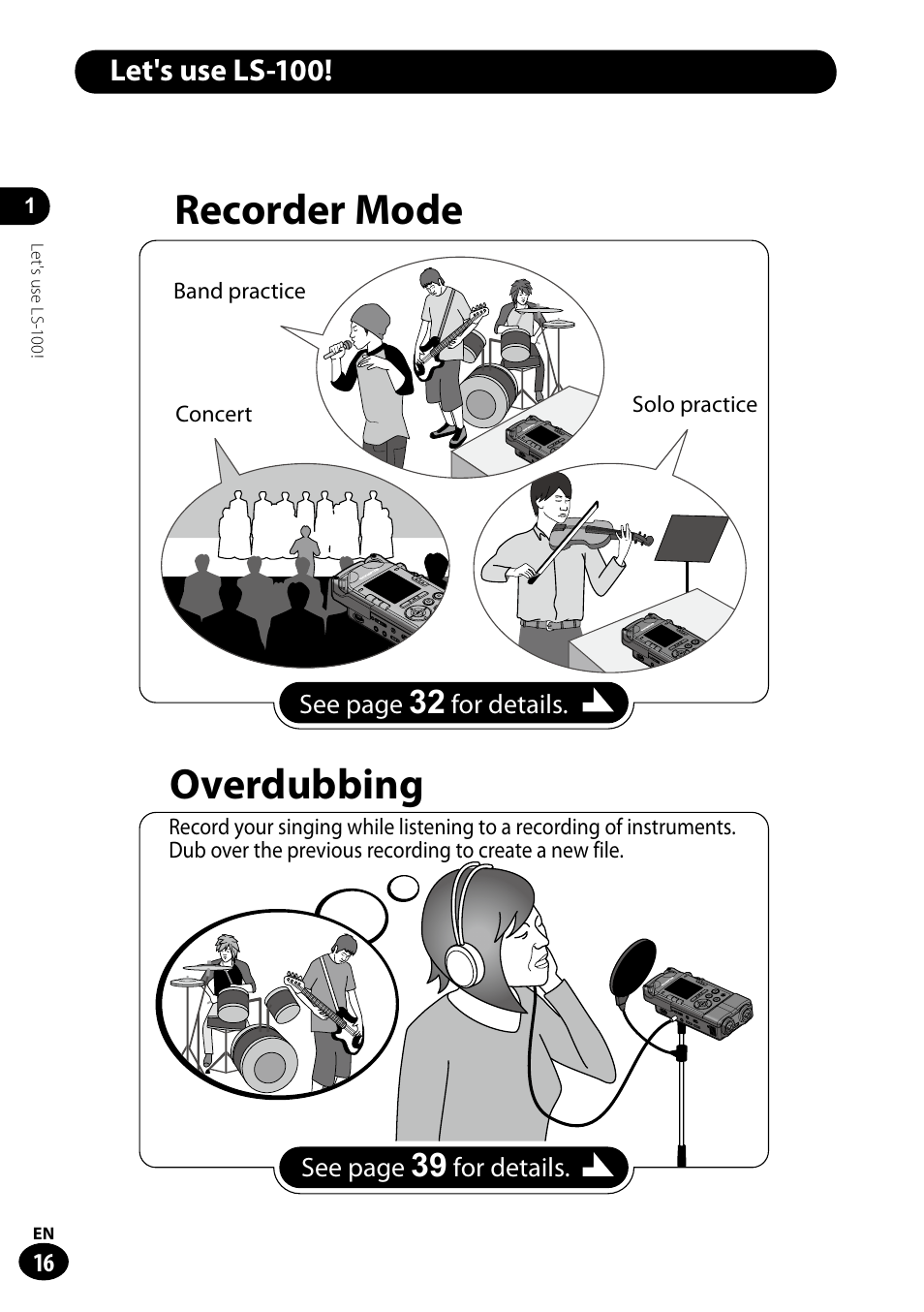 Let's use ls-100! •••••••••••••••••••••••••••• 16, Recorder mode, Overdubbing | Let's use ls-100 | Olympus LS-100 User Manual | Page 16 / 135