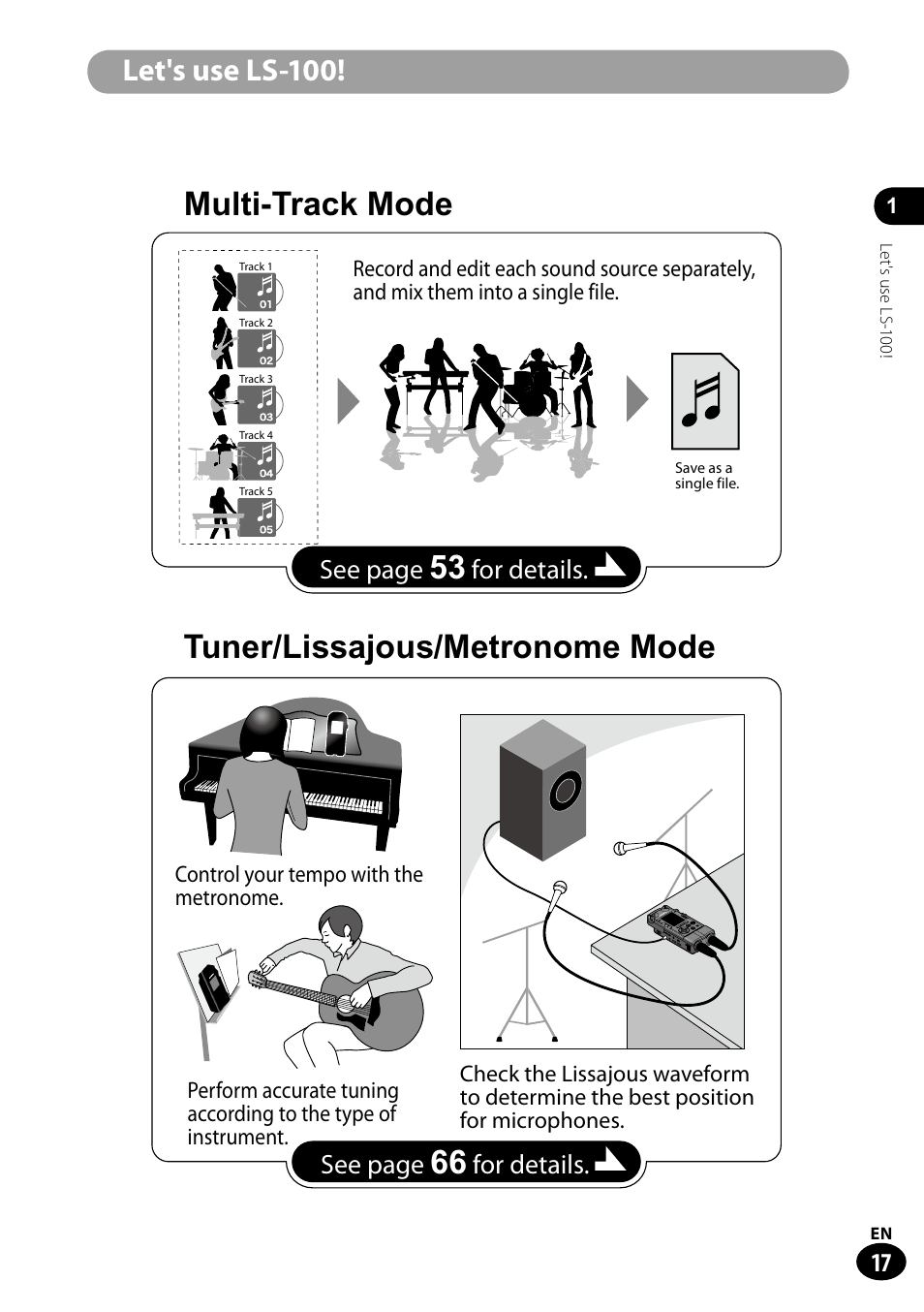 Multi-track mode tuner/lissajous/metronome mode, Let's use ls-100, See page | For details | Olympus LS-100 User Manual | Page 17 / 135