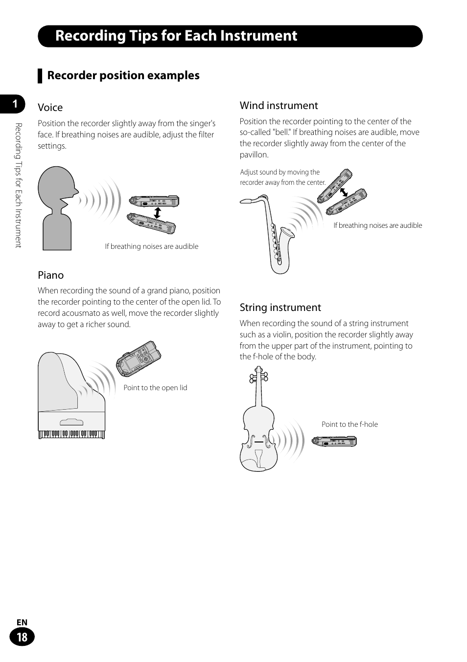 Recording tips for each instrument •••• 18, Recording tips for each instrument, Recorder position examples | Olympus LS-100 User Manual | Page 18 / 135