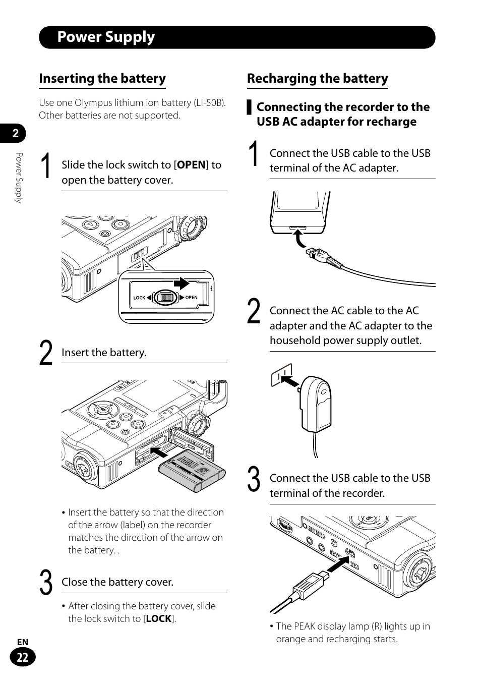 Power supply ••••••••••••••••••••••••••••••• 22 | Olympus LS-100 User Manual | Page 22 / 135