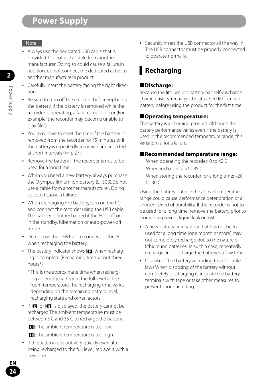 Power supply, Recharging | Olympus LS-100 User Manual | Page 24 / 135