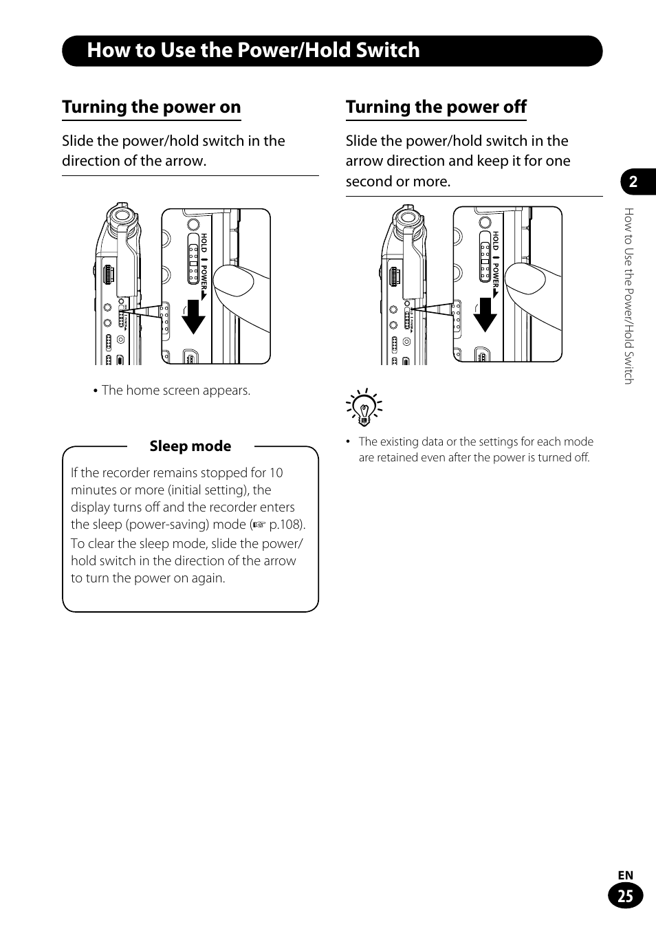 How to use the power/hold switch •••• 25, How to use the power/hold switch, Turning the power on | Turning the power off | Olympus LS-100 User Manual | Page 25 / 135