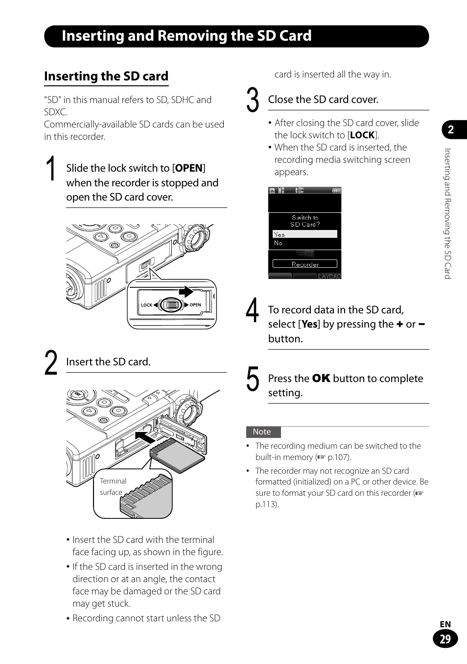 Inserting and removing the, Inserting and removing the sd card | Olympus LS-100 User Manual | Page 29 / 135