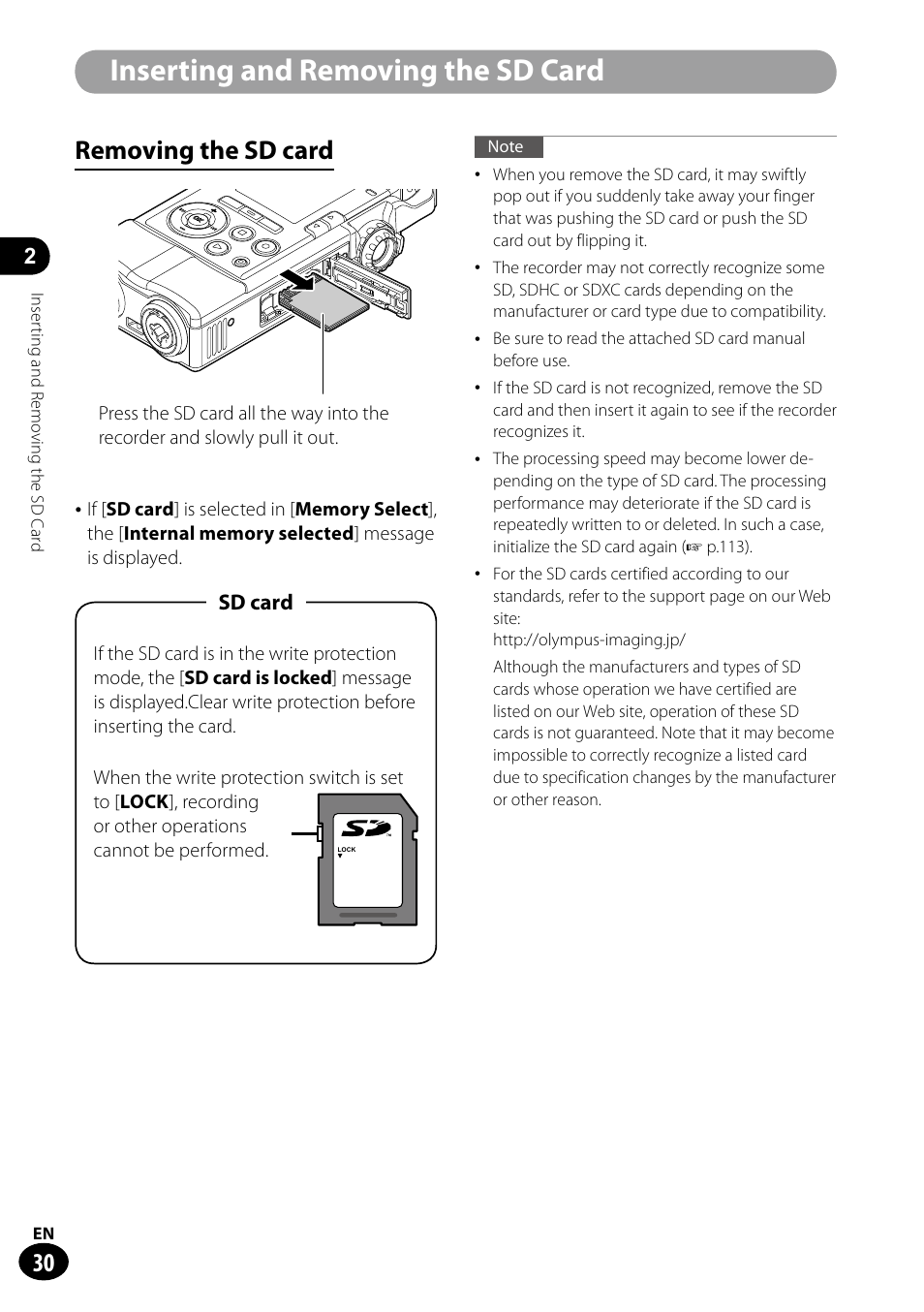 Removing the sd card ••••••••••••••••••••••••30, Inserting and removing the sd card, Removing the sd card | Olympus LS-100 User Manual | Page 30 / 135