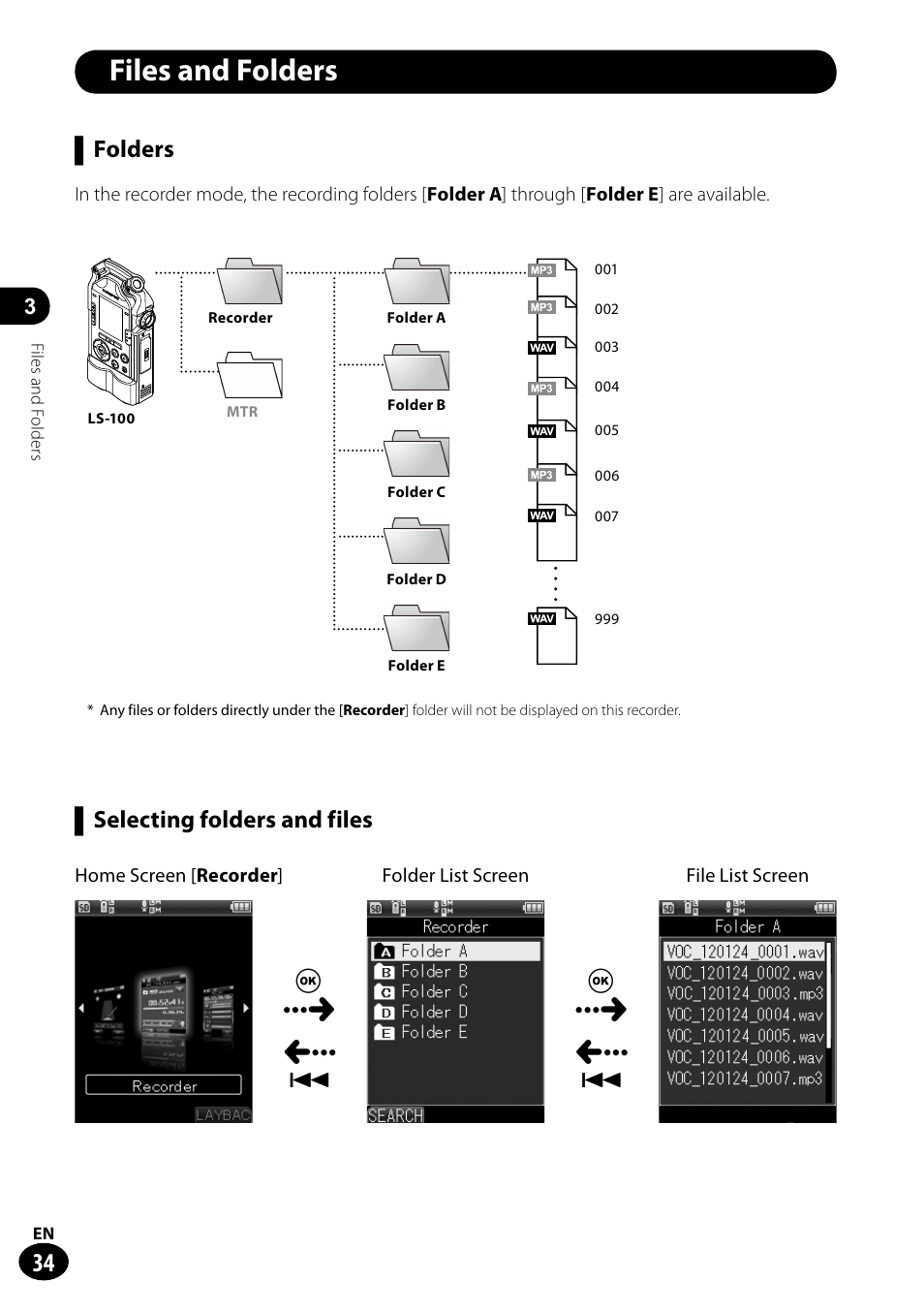 Files and folders, Folders, Selecting folders and files | Olympus LS-100 User Manual | Page 34 / 135