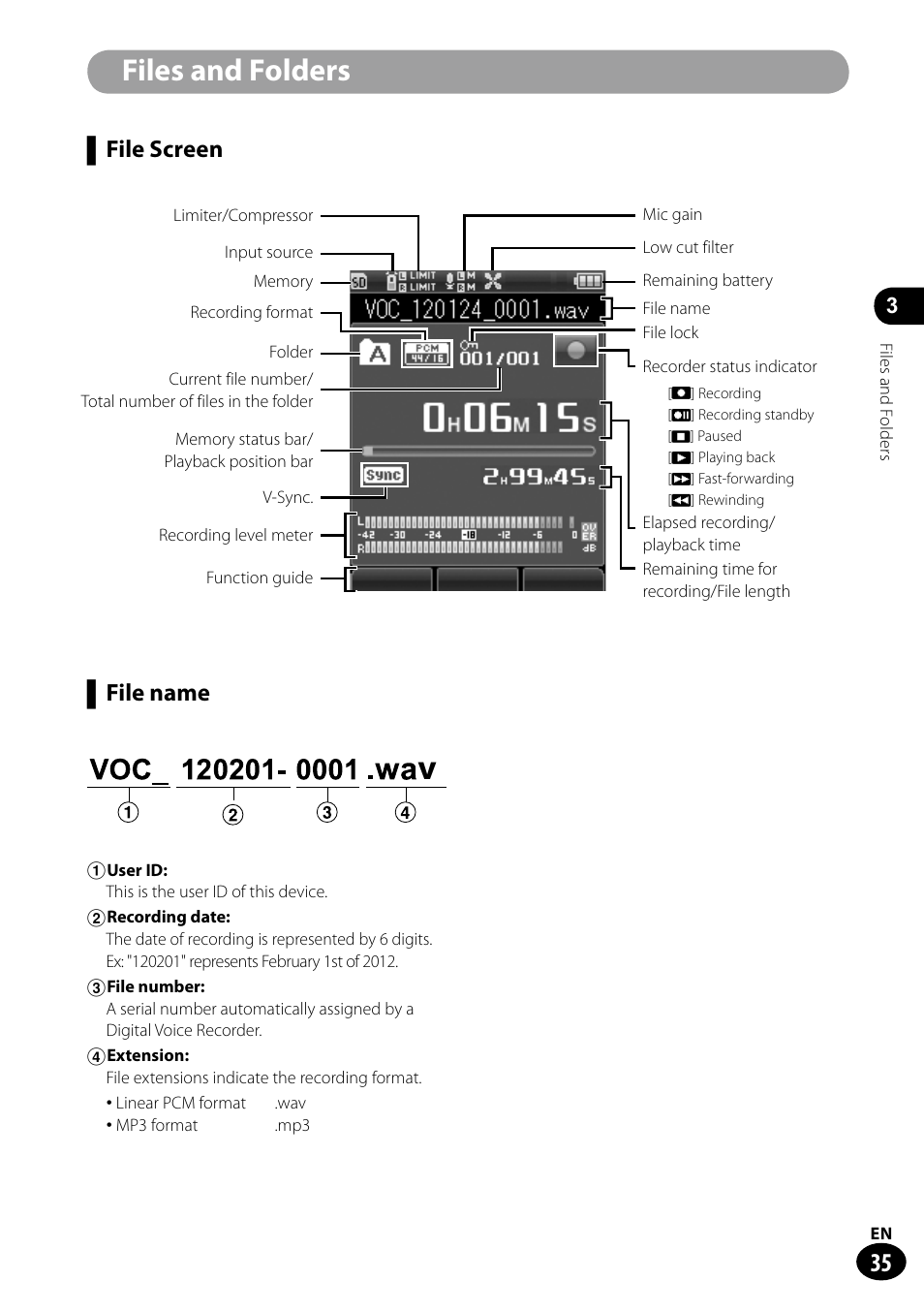 Files and folders, File screen ▌ file name | Olympus LS-100 User Manual | Page 35 / 135