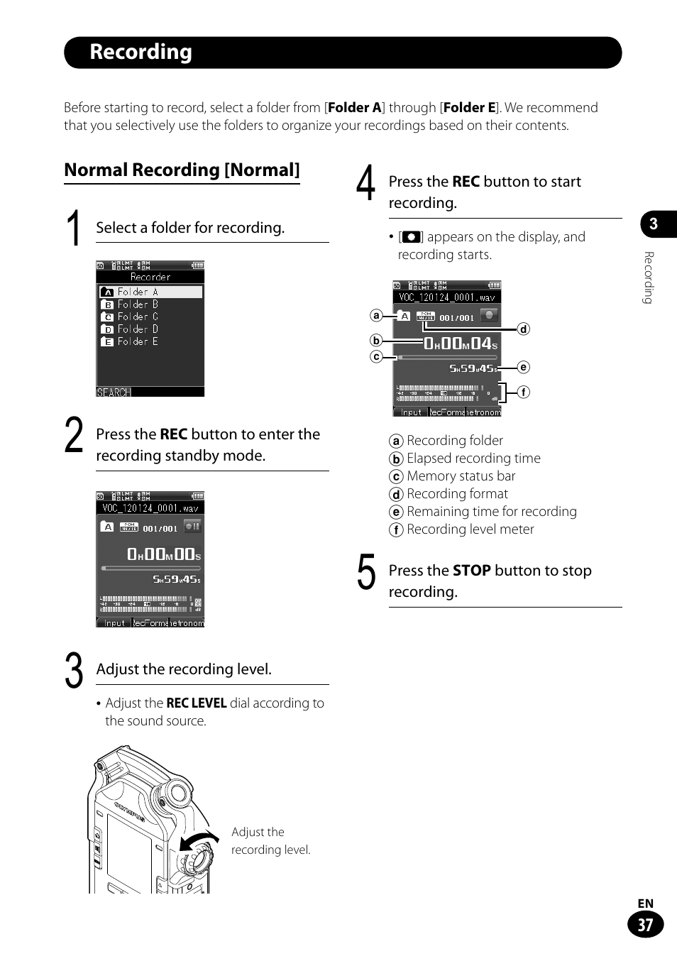 Recording | Olympus LS-100 User Manual | Page 37 / 135