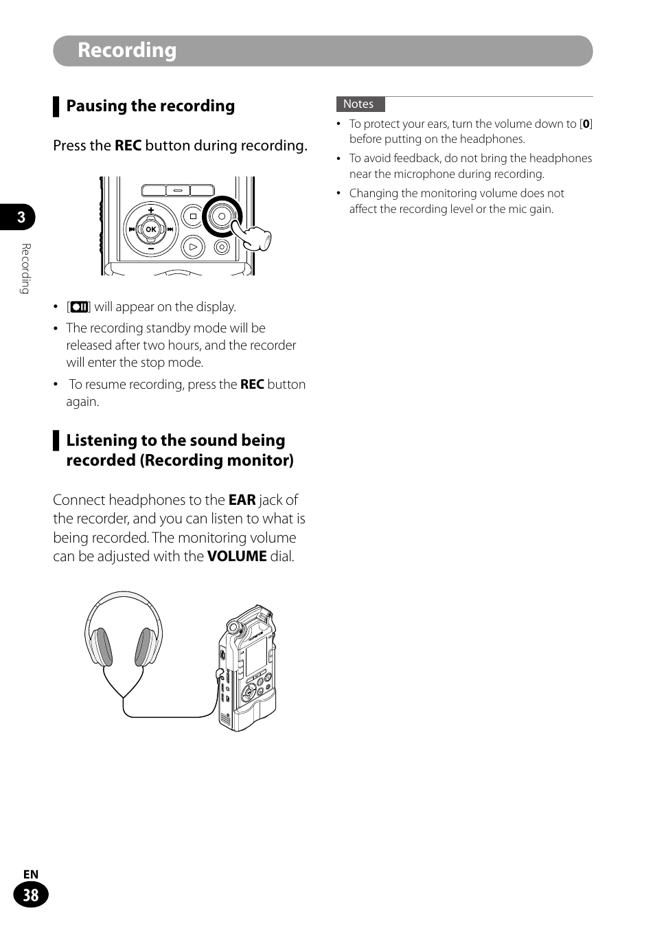 Recording | Olympus LS-100 User Manual | Page 38 / 135