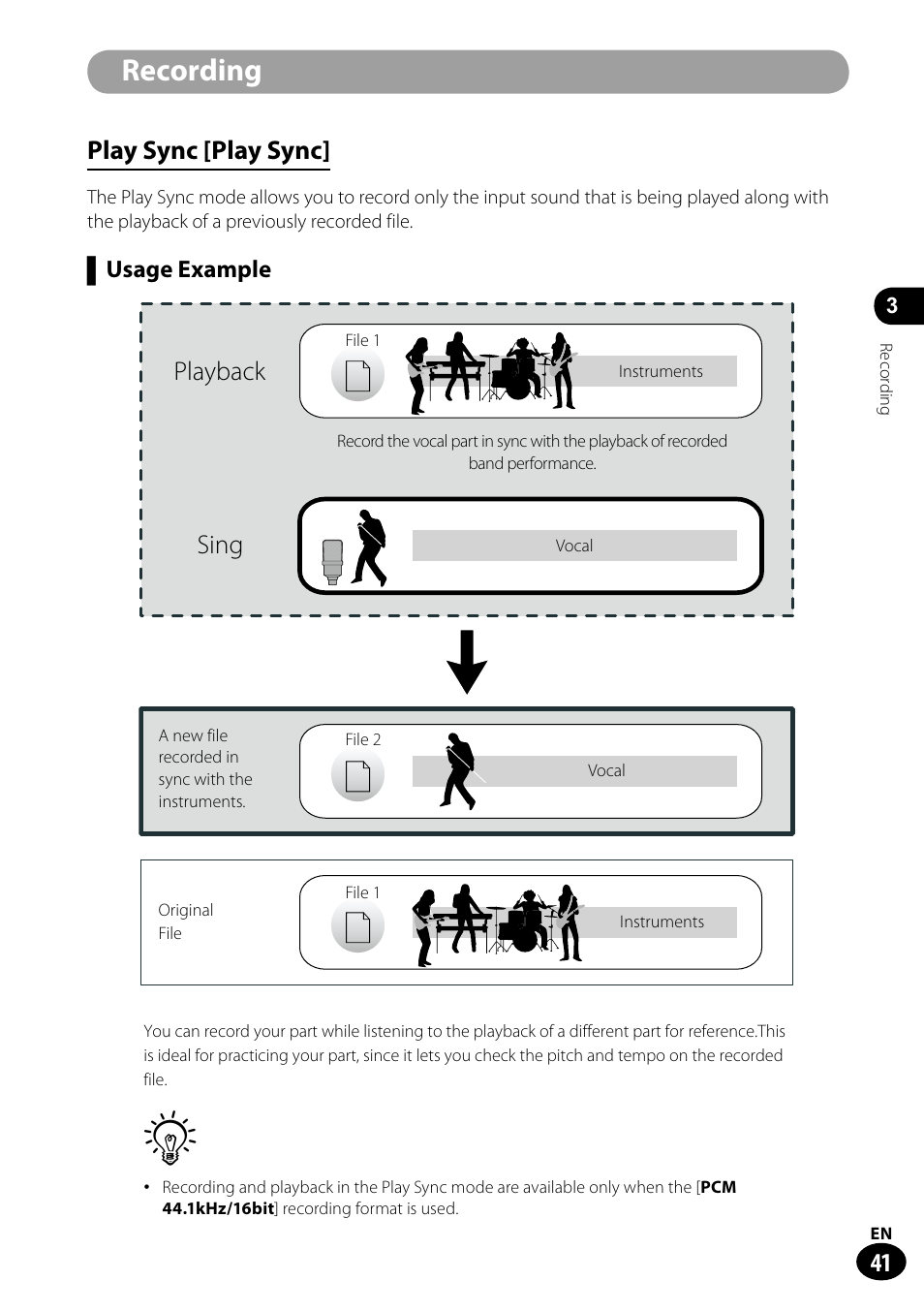 Recording, Play sync [play sync, Playback sing | Usage example | Olympus LS-100 User Manual | Page 41 / 135