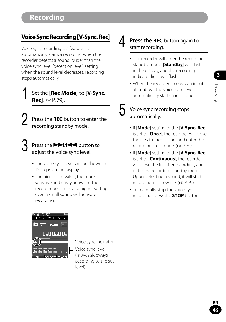 Recording | Olympus LS-100 User Manual | Page 43 / 135