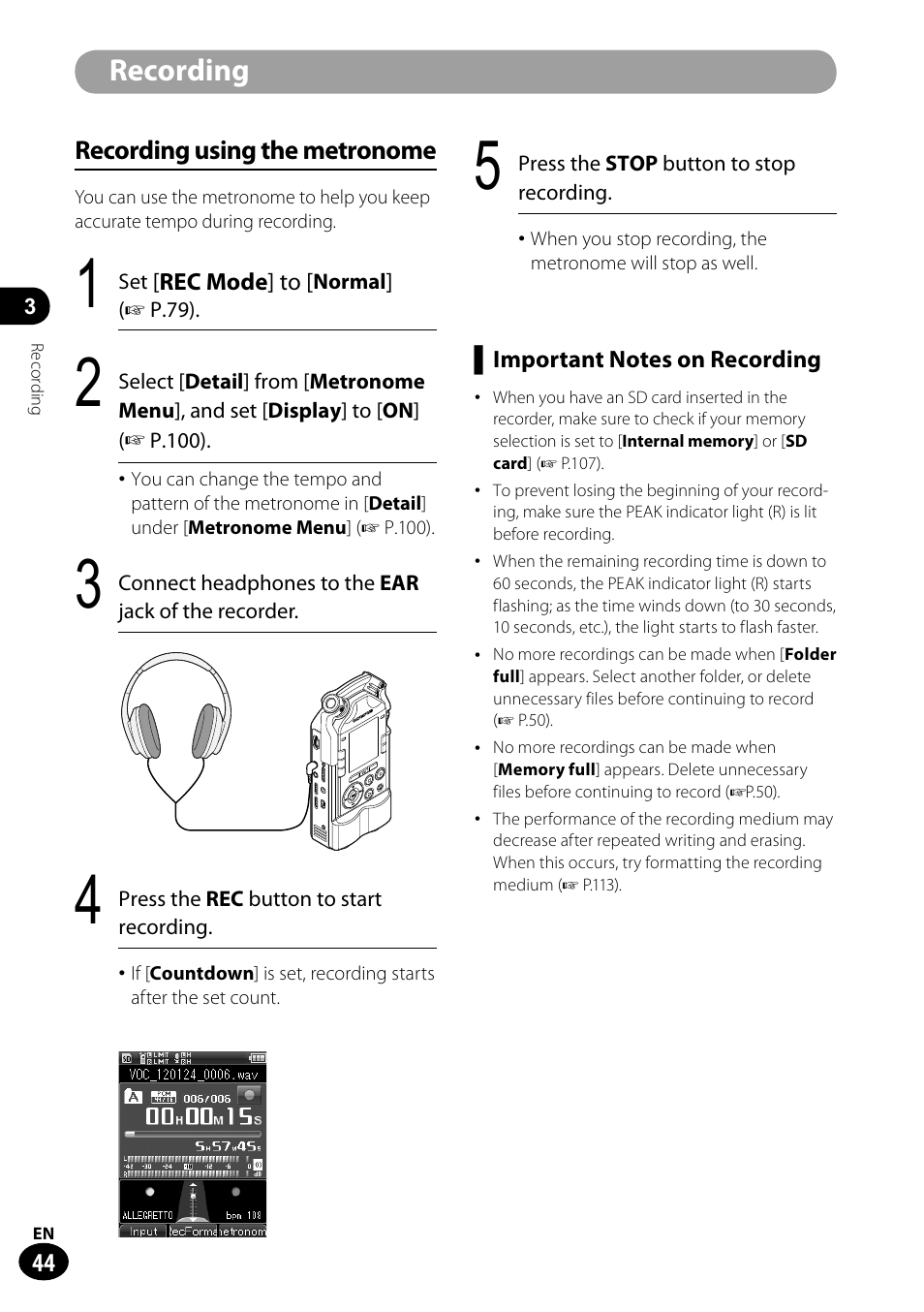Recording | Olympus LS-100 User Manual | Page 44 / 135