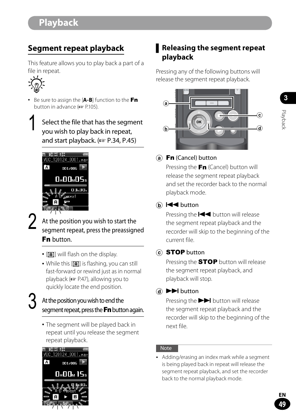 Playback, Segment repeat playback | Olympus LS-100 User Manual | Page 49 / 135