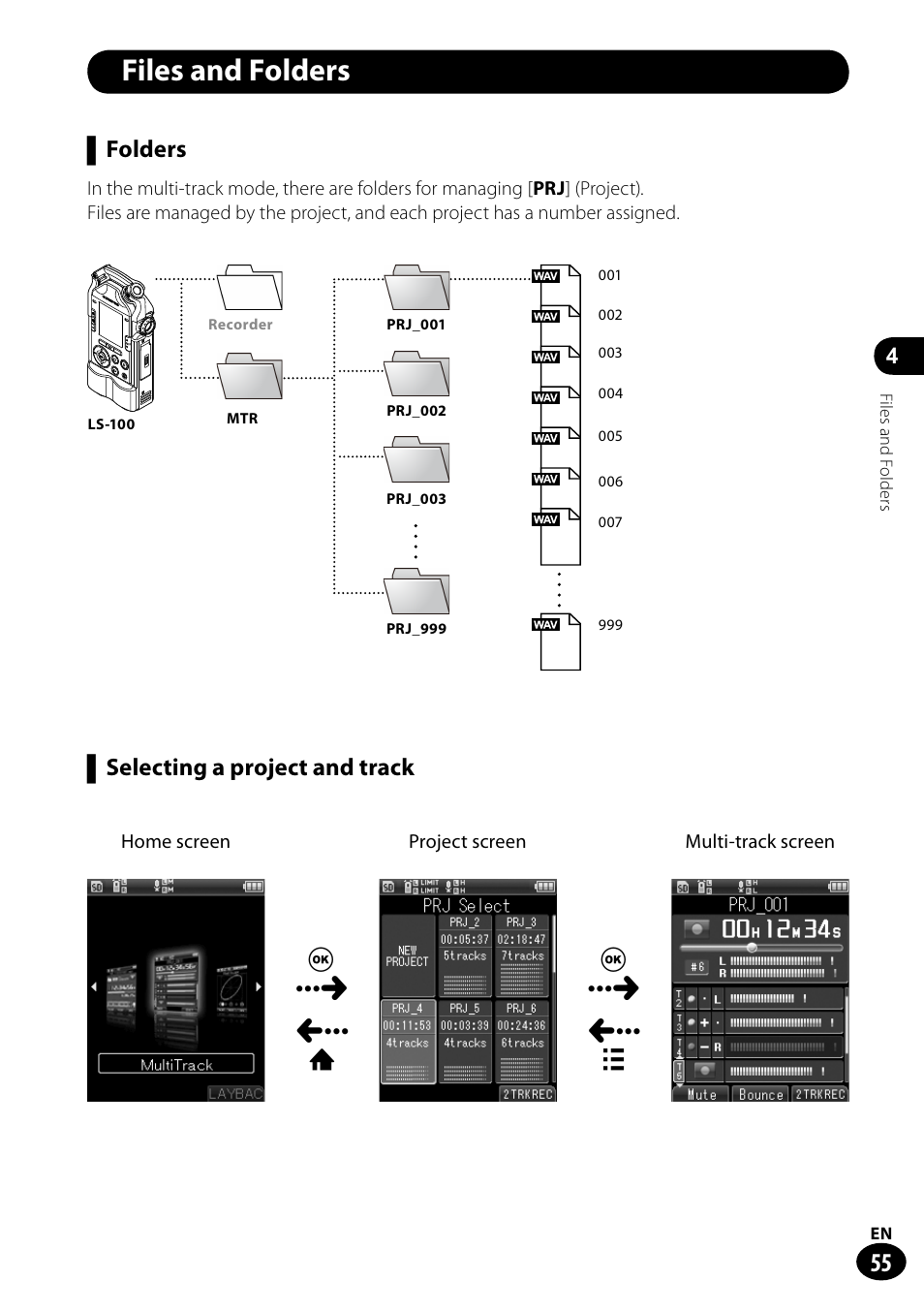 Files and folders, Folders, Selecting a project and track | Olympus LS-100 User Manual | Page 55 / 135