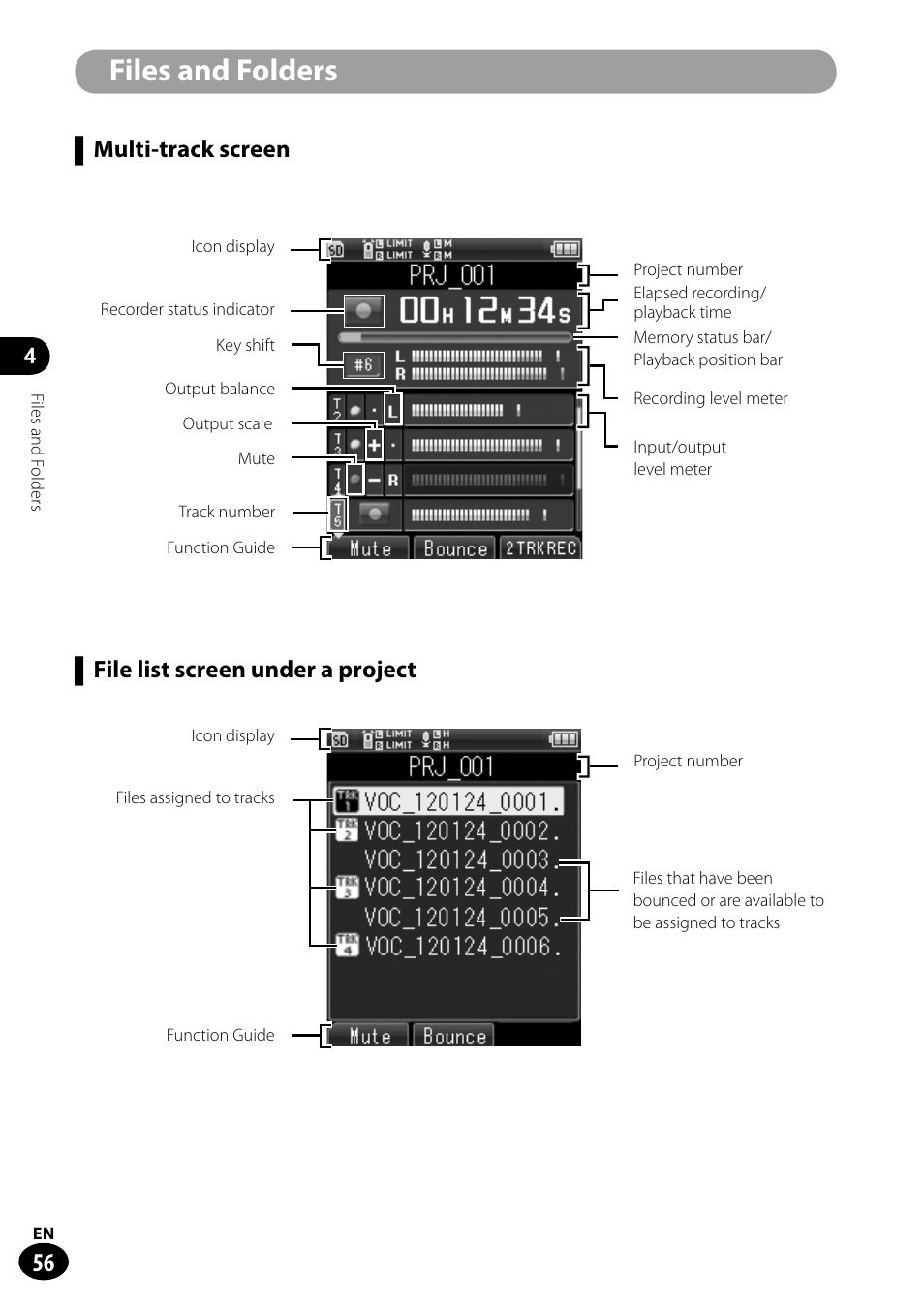 Files and folders, Multi-track screen, File list screen under a project | Olympus LS-100 User Manual | Page 56 / 135