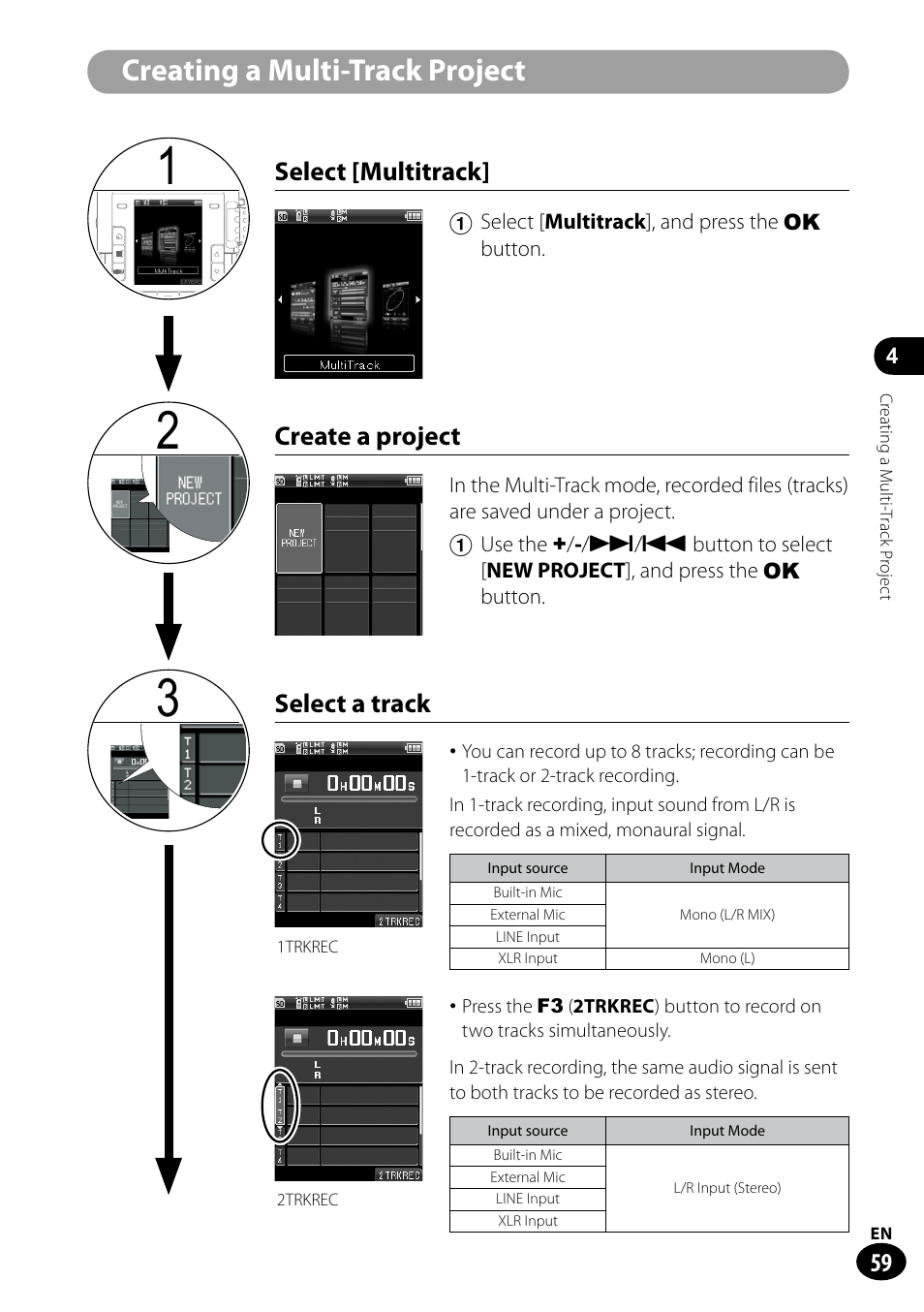 Creating a multi-track project, Select [multitrack, Create a project | Select a track | Olympus LS-100 User Manual | Page 59 / 135