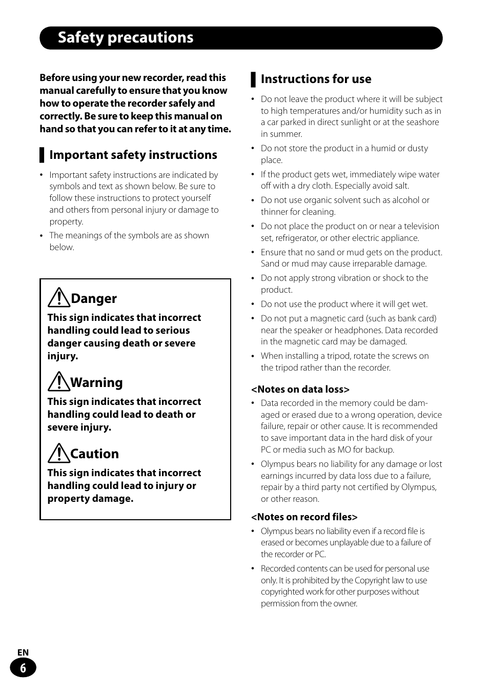 Safety precautions, F danger, F warning | F caution, Important safety instructions, Instructions for use | Olympus LS-100 User Manual | Page 6 / 135