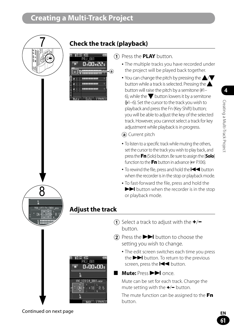 Creating a multi-track project, Check the track (playback), Adjust the track | Olympus LS-100 User Manual | Page 61 / 135
