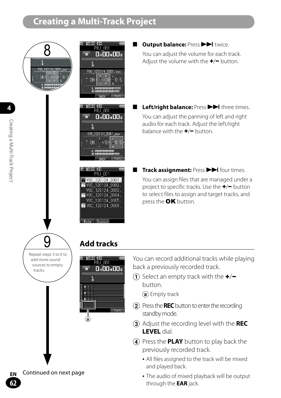 Creating a multi-track project, Add tracks | Olympus LS-100 User Manual | Page 62 / 135