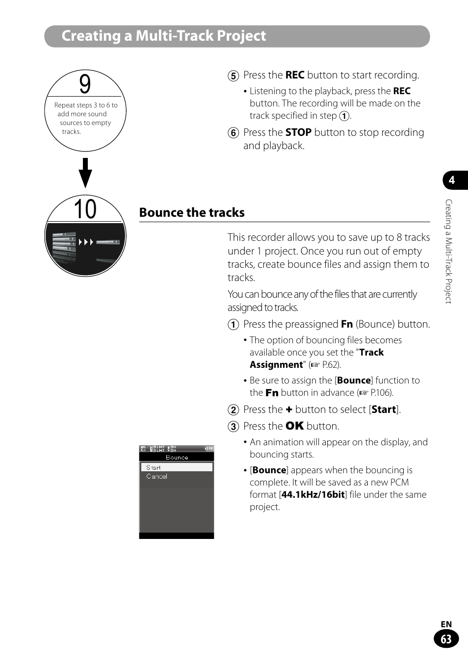 Creating a multi-track project, Bounce the tracks | Olympus LS-100 User Manual | Page 63 / 135