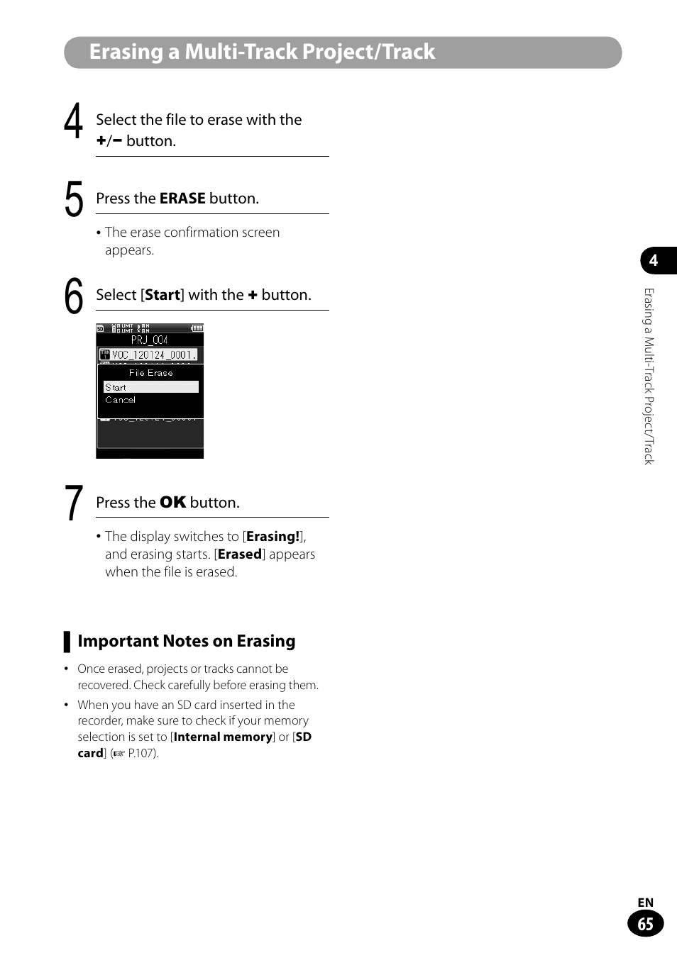 Erasing a multi-track project/track | Olympus LS-100 User Manual | Page 65 / 135