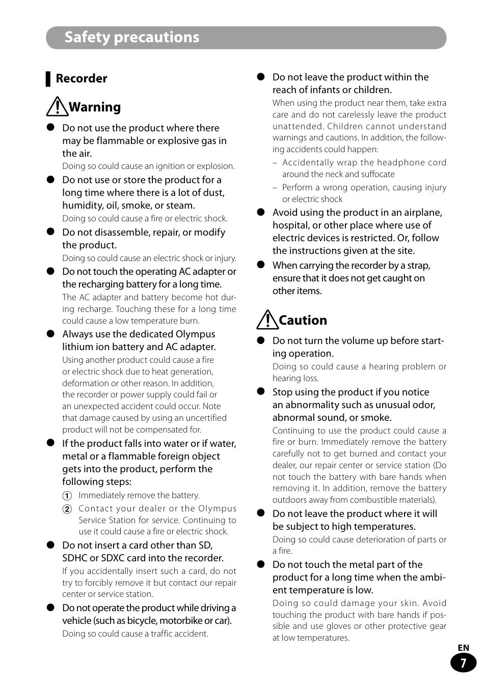 Safety precautions, F warning, F caution | Recorder | Olympus LS-100 User Manual | Page 7 / 135