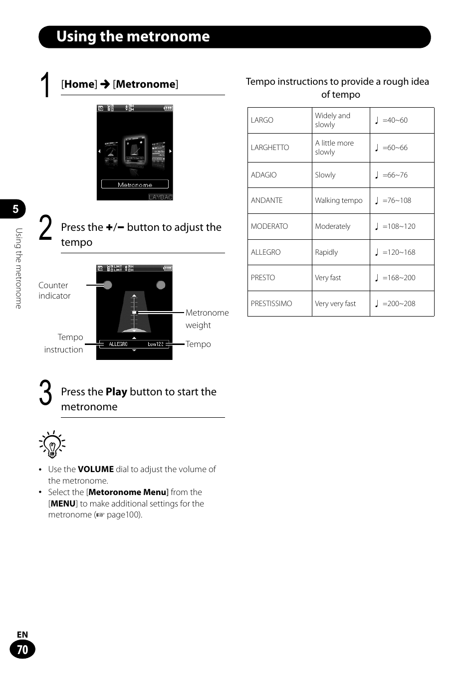 Using the metronome | Olympus LS-100 User Manual | Page 70 / 135