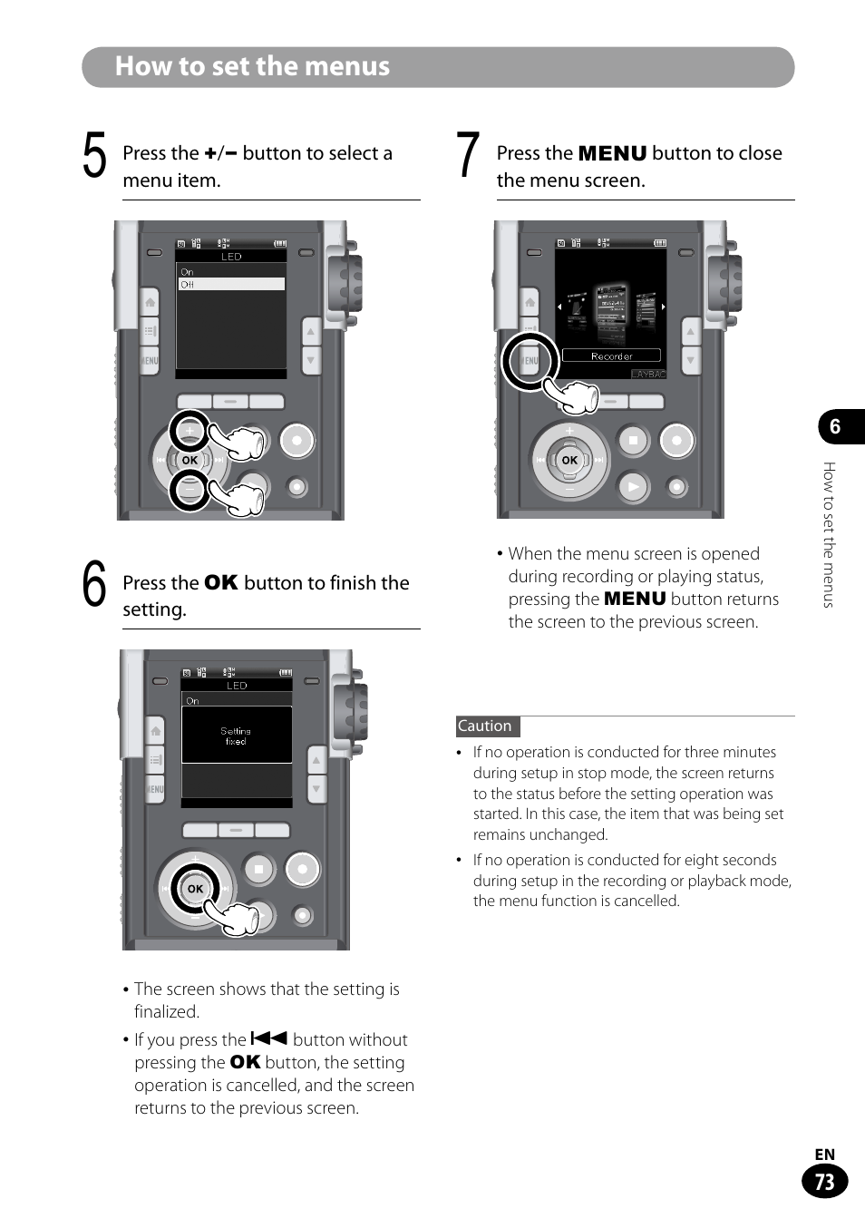 How to set the menus | Olympus LS-100 User Manual | Page 73 / 135