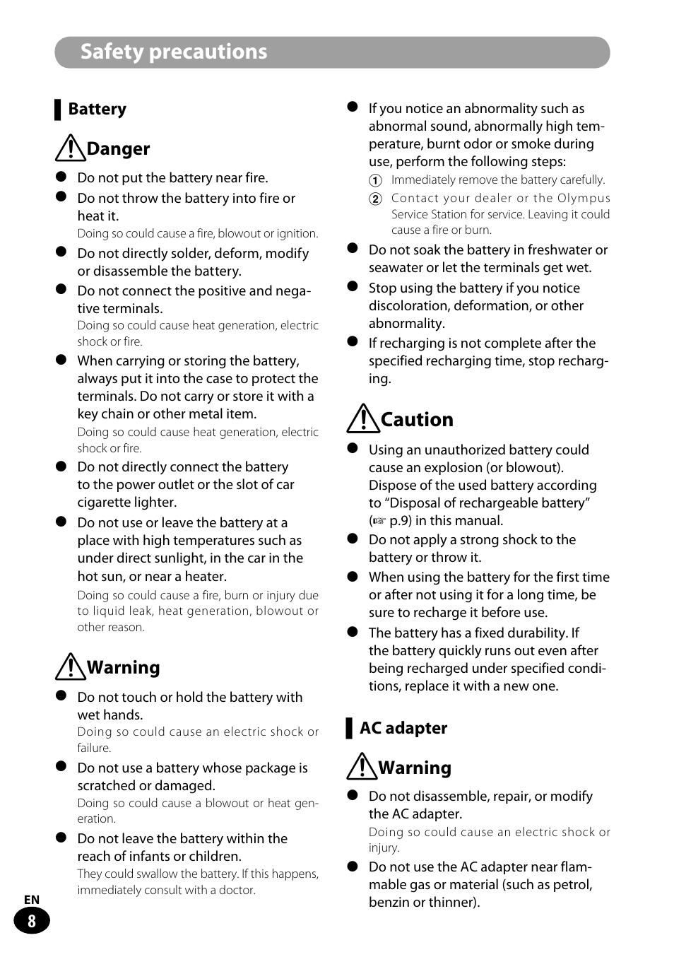 Safety precautions, F caution, F warning | F danger, Ac adapter, Battery | Olympus LS-100 User Manual | Page 8 / 135