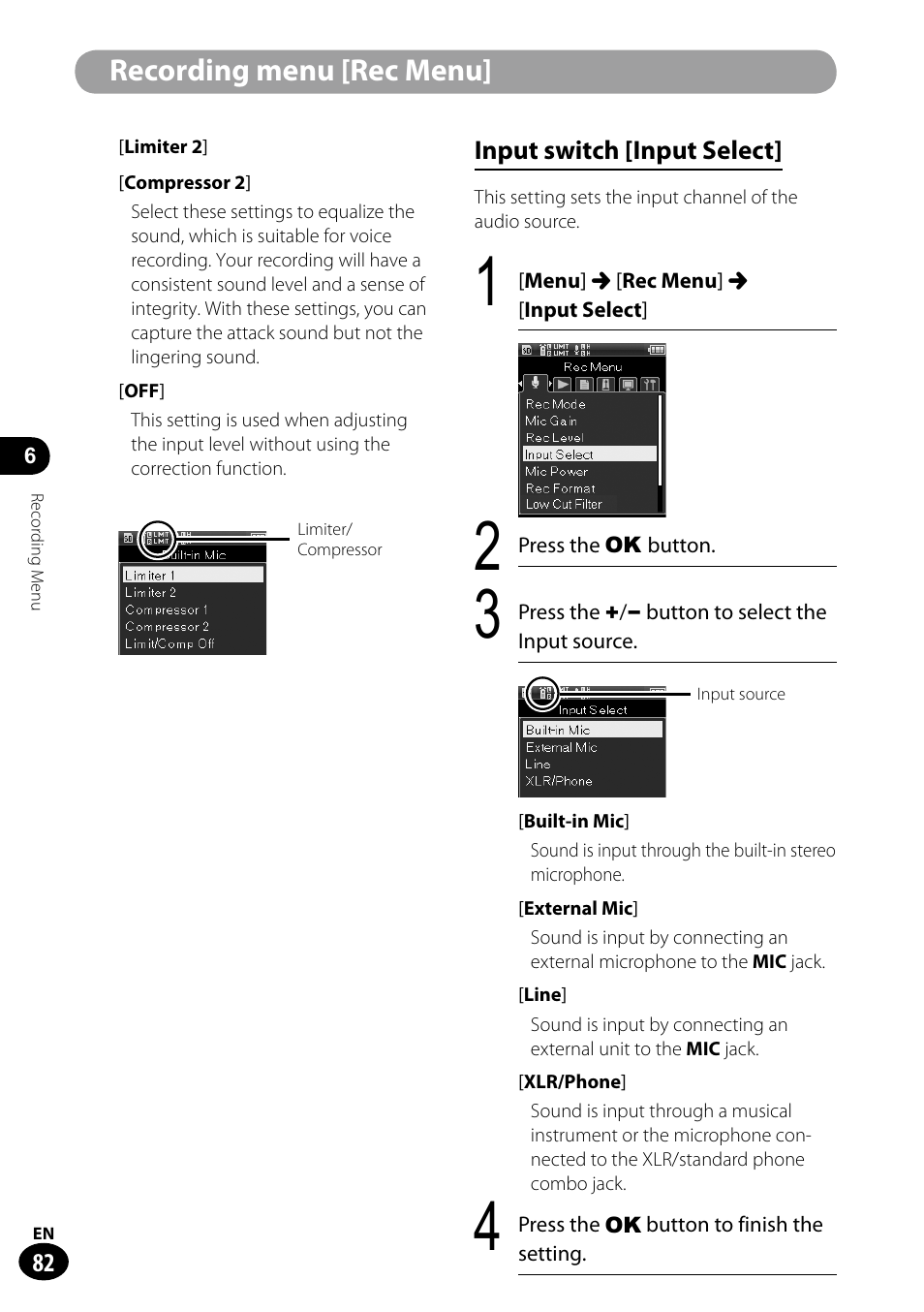 Recording menu [rec menu | Olympus LS-100 User Manual | Page 82 / 135
