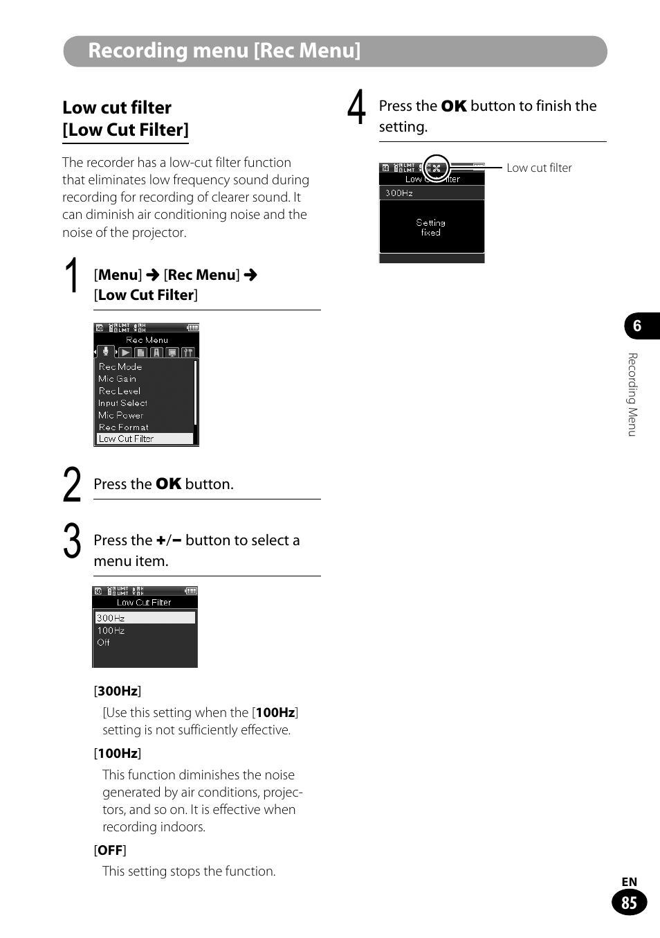 Recording menu [rec menu | Olympus LS-100 User Manual | Page 85 / 135