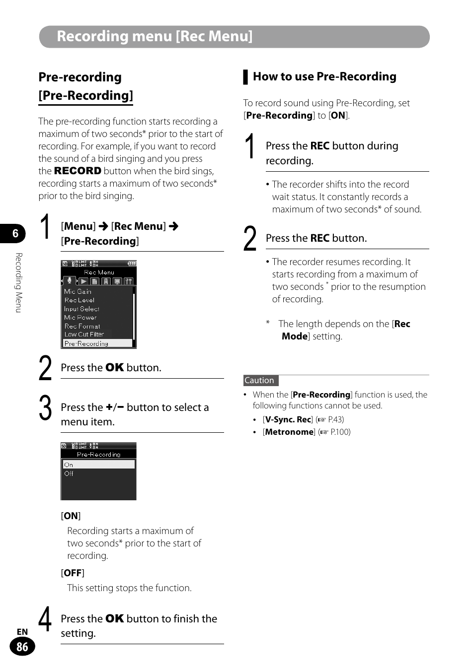 Recording menu [rec menu | Olympus LS-100 User Manual | Page 86 / 135